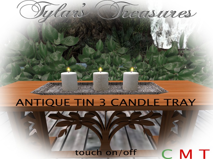 .:TT:.  ANTIQUE TIN 3 CANDLE TRAY boxed