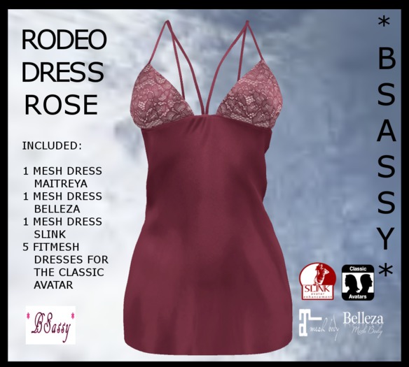*BSASSY* MESH RODEO DRESS ROSE MADE FOR THE MAITREYA MESH BODY LARA, SLINK, BELLEZA, AND CLASSIC AVATAR