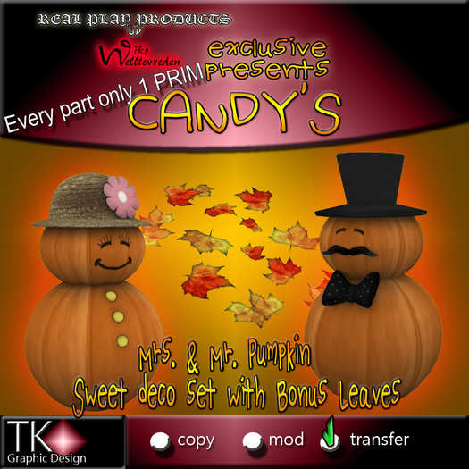 CANDYs * Mrs & Mr. Pumpkin - Sweet deco set with Bonus Leave - Every part only 1 PRIM