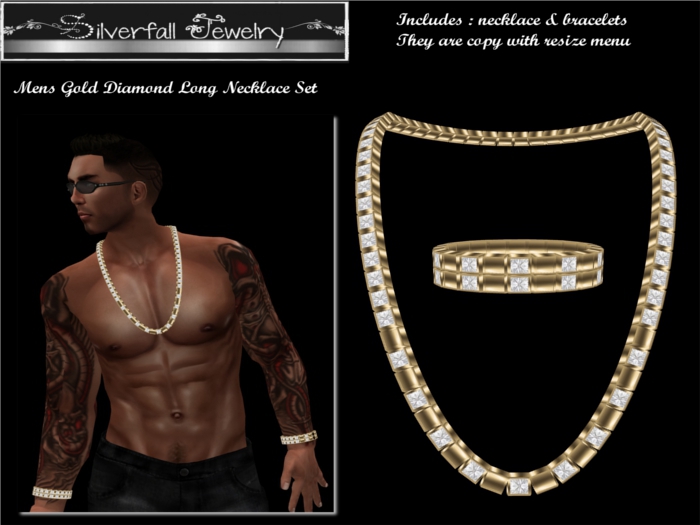 Mens Gold Diamond Long Necklace Set