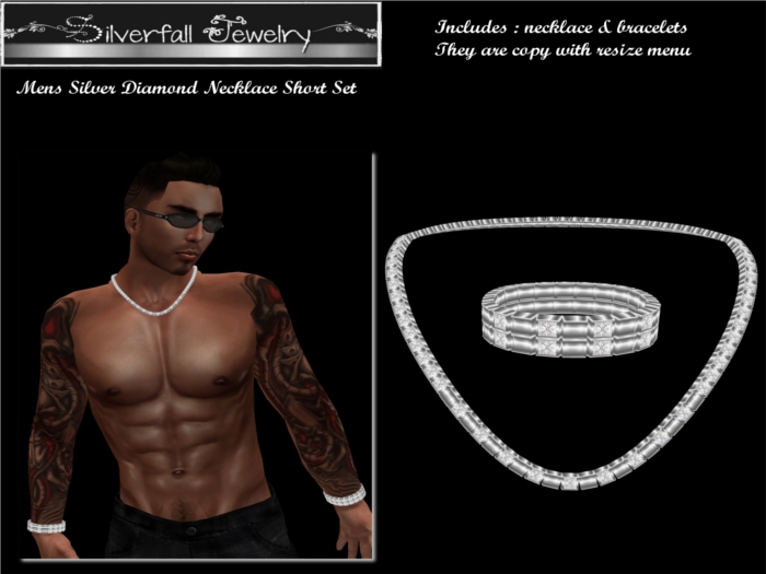Mens Silver Diamond Necklace Short Set