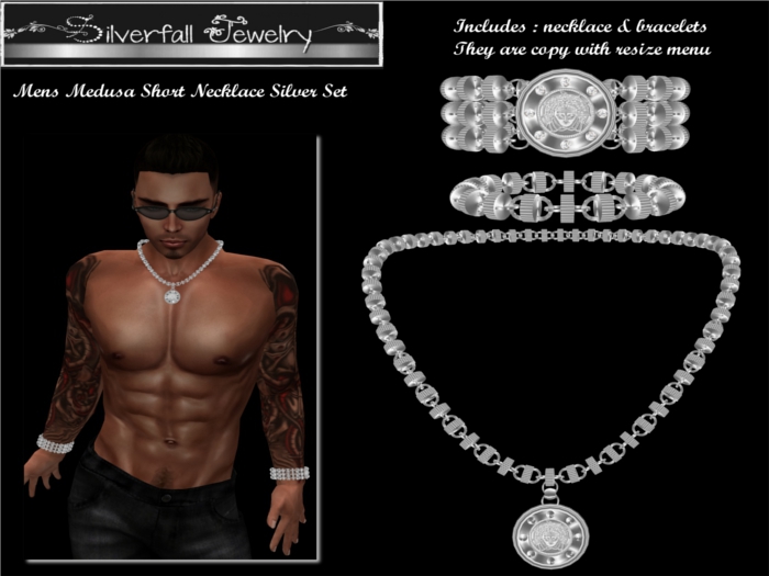 Mens Medusa Short Necklace Silver Set