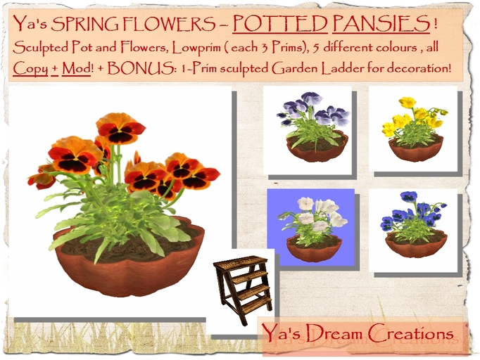 *Ya's* Potted Pansies in 5 different colours - sculpted -Low Prim/ Copy+Mod