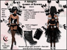 Mesh rigged queen of flowers costume black intimate corset , fairy costume with flowers wings