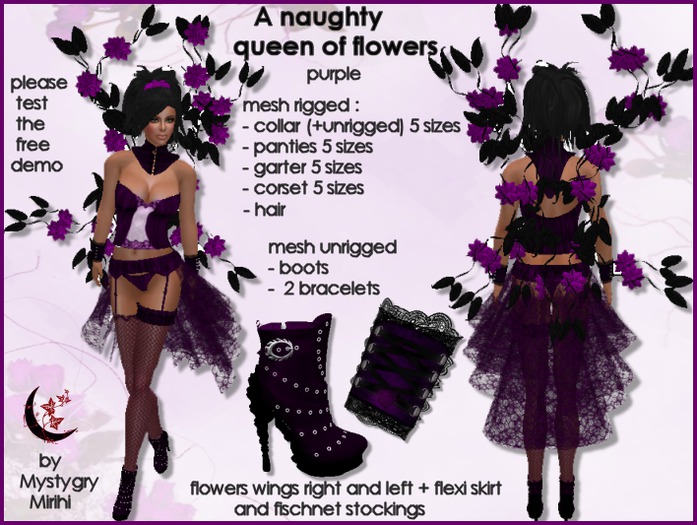 Second Life Marketplace Mesh rigged queen of flowers costume purple