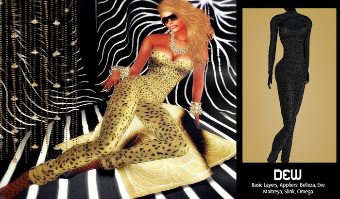 "DEW" OUTLET /Catsuit leopard black with appliers
