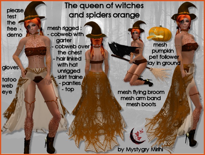 Queen of witches mesh rigged costume orange flying broom mesh cobweb , web skirt traine , pumpkin pet follower