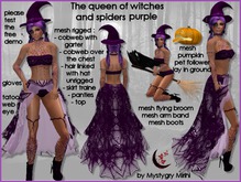 Queen of witches mesh rigged costume purple flying broom mesh cobweb , mesh skirt traine , pumpkin pet follower