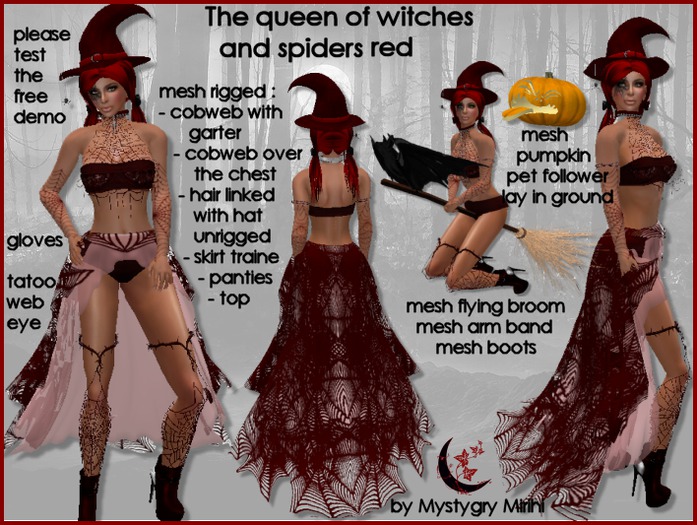 Queen of witches mesh rigged costume red flying broom mesh cobweb , mesh skirt traine , pumpkin pet follower