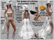Queen of witches mesh costume white flying broom mesh cobweb , mesh skirt traine , pumpkin pet follower , good witch