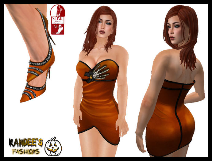 Orange Skeleton Ruched Dress & Slink Mid Feet