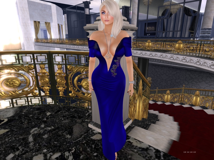 Para's Busty Deep Cleavage Gown - AppliqueDeepBlue