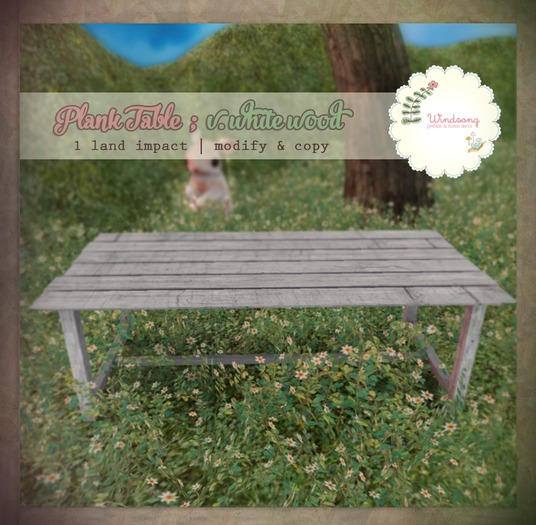 *windsong. { plank table : white wood }