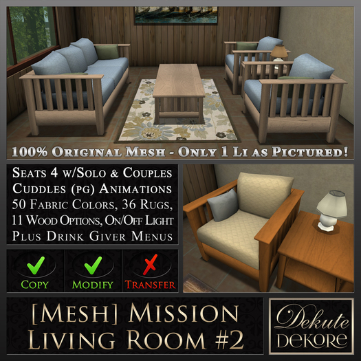 [Boxed] 1 Prim [Mesh] Mission Living Room :by Dekute Dekore