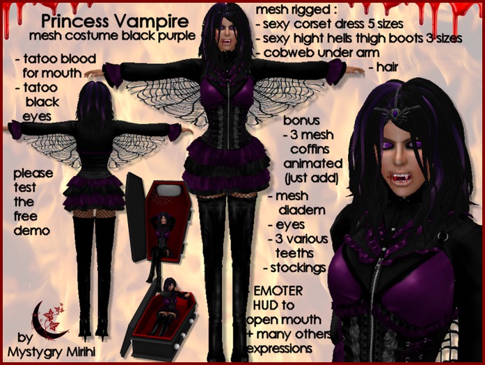 Second Life Marketplace - Princess Vampire black and purple costume mesh rigged dress + hair + boots + underarm web , coffins , teeths , diadem Second Life Marketplace - Princess Vampire black and purple costume mesh rigged dress + hair + boots + underarm web , coffins , teeths , diadem