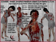 Zombie mesh rigged avatar woman bloody freshly bitten , dress dirty grey with blood hair black red 5,64 feets or 1,72 m