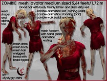 Zombie mesh rigged woman bloody avatar freshly bitten , dress rigged dirty red , hair blond red , size 5.64 feet 1.72 m