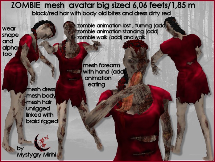 Zombie mesh woman bloody avatar old bittes , dirty dress red , hair mesh black bloody braid , 6,06 feet  1,85 m 
