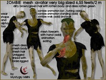 Zombie mesh rigged avatar woman rotten body , rotten dress black hair dirty brown grenn , size 6.55 feets or 2 m