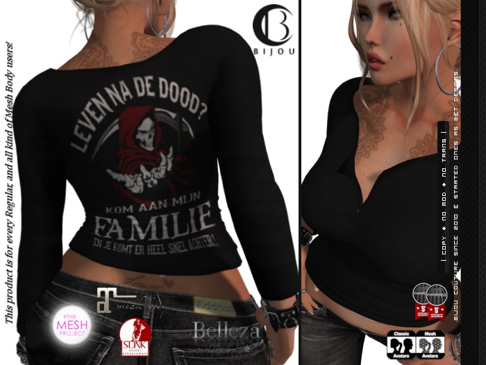 .Bijou ~ Sleeve Slim Top "Familie" Maitreya|Slink|TMP|Classic|Eve & More!