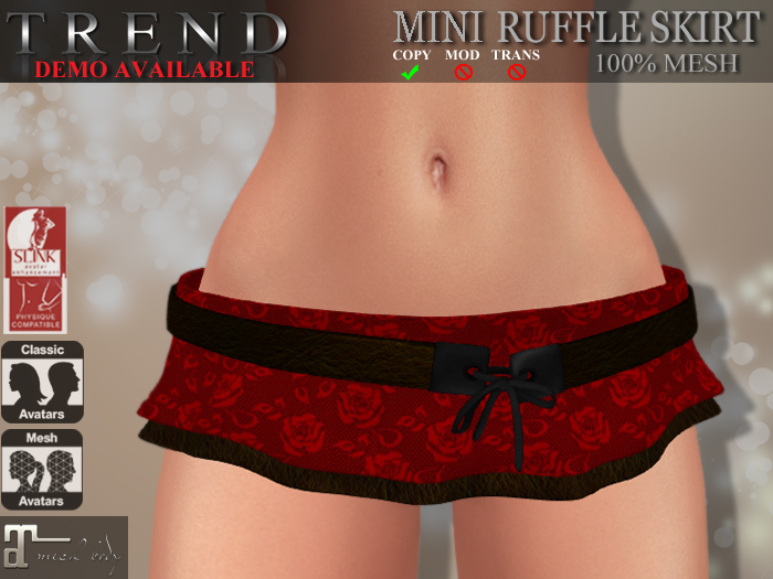 TREND - MINI RUFFLE SKIRT "LACE DARK RED W/ BLACK" - RIGGED FOR MAITREYA - SLINK -TMP - FITMESH & STANDARD SIZES