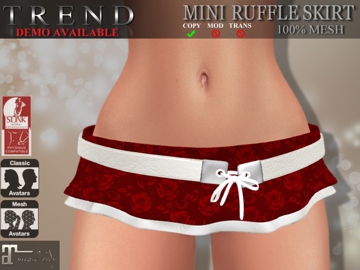 TREND - MINI RUFFLE SKIRT "LACE DARK RED W/ WHITE" -RIGGED FOR MAITREYA - SLINK -TMP - FITMESH & STANDARD SIZES