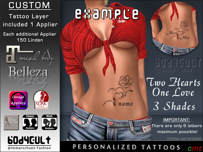 BodyCult Custom Tattoo Two Hearts One Love w. APP