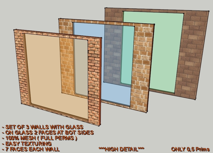 SALE 50% OFF!!!Set Of 3 Mesh Walls With Glass, On Glass Two Faces With 2 Sides .High Detail.Full Perm.