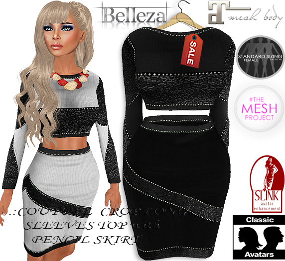 .:COUTURE  CROP LONG SLEEVES TOP with PENCIL SKIRT:. ER 13