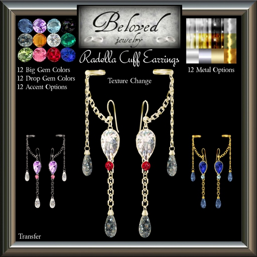 Beloved Jewelry : Radella Cuff Earrings (Texture Change) Choice of Silver, Platinum, Gold, 12 Gems, Amethyst, Ruby