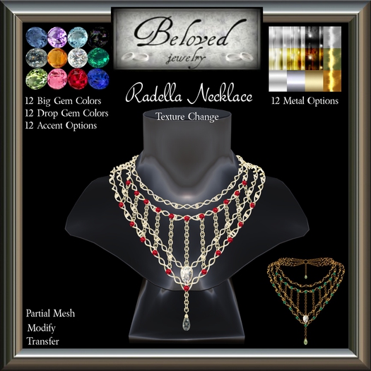 Beloved Jewelry : Radella Necklace (Texture Change) Choice of Silver, Platinum, Gold, 12 Gems, Amethyst, Ruby, Diamond