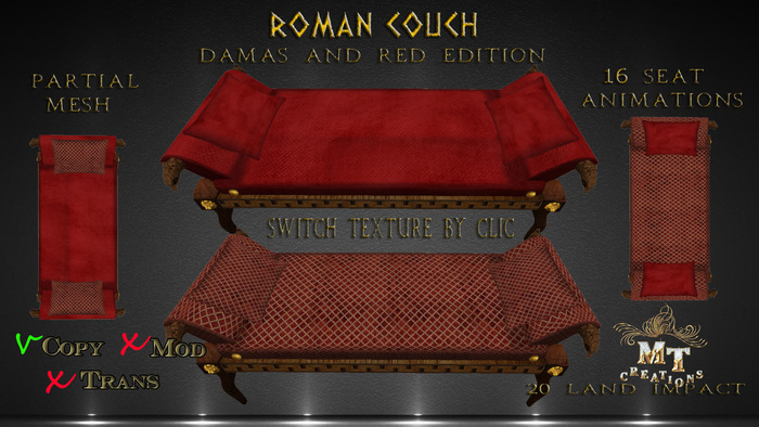 roman couch boxed red/damas