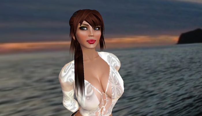 Auburn, long side bangs, pony, flexie part over shoulder