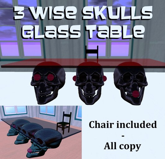 3 wise skulls glass table BOXED
