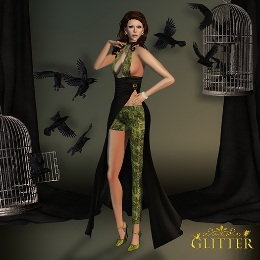 *GLITTER* ELLE A/W GOWN & PANTS MESH DRESS ACID GREEN