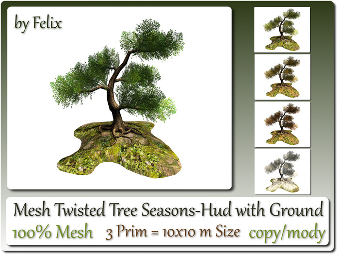 3 Prim Mesh Twisted Tree Seasons with ground by Felix copy/mody