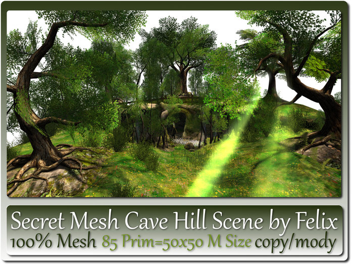 Secret Mesh Cave Hill Scene 85 Prim=50x50m Size copy-mody
