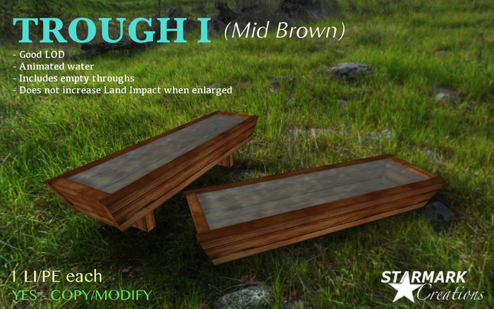 1 LI/PE! SIMPLE TROUGH I (Mid Brown) SET with ANIMATED WATER from STARMARK CREATIONS -- promo --
