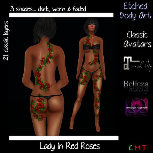 Etched Lady in Red Roses Tattoo Set