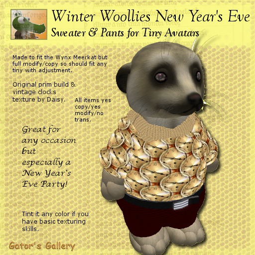 GATOR'S GALLERY Winter Woollies New Year's Eve Sweater & Pants for Tiny Avatars. 