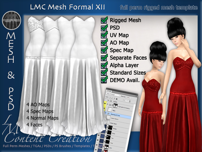 LMC Mesh Templates - Formal XII - fully rigged drop waist gown