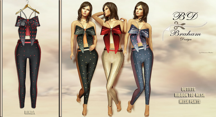 Braham Design *Red Rinda Ribbon Top Pants Outfits Mesh