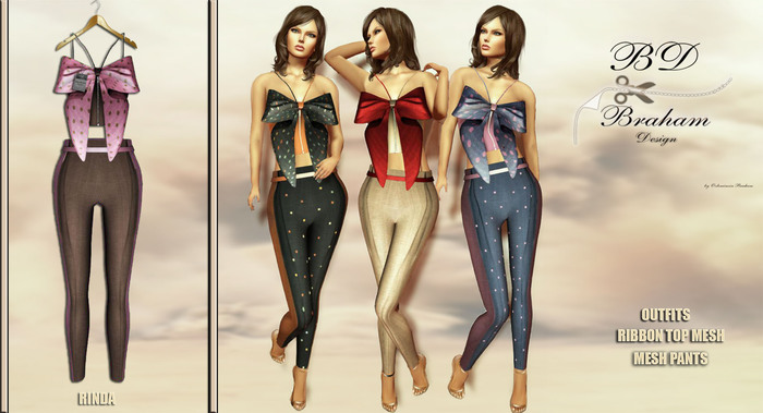 Braham Design *Pink Brown Rinda Ribbon Top Pants Outfits Mesh