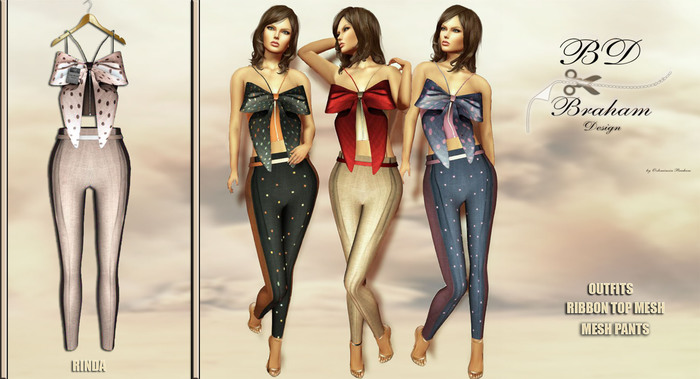 Braham Design *Brown Rinda Ribbon Top Pants Outfits Mesh