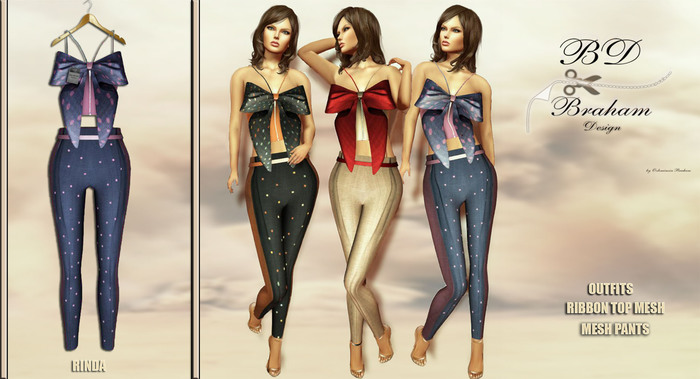 Braham Design *Blue Pink Rinda Ribbon Top Pants Outfits Mesh