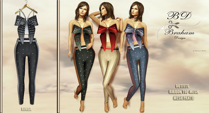 Braham Design *BlackWahite Rinda Ribbon Top Pants Outfits Mesh