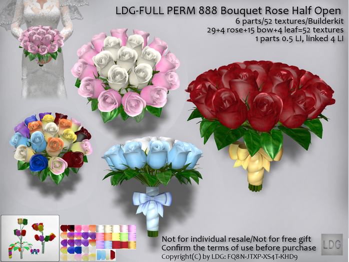 Second Life Marketplace - LDG-FULL PERM 888 Bouquet Rose Half Open /6 ...