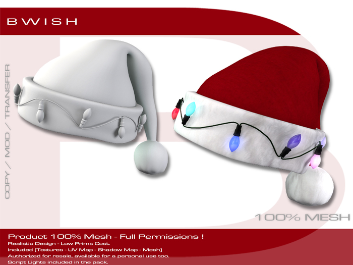BWish - Santa Hat With Lights Mesh Full Permissions