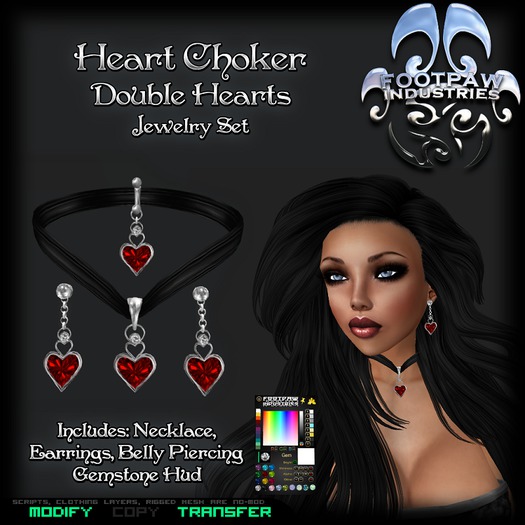 [FPI] Heart Choker Double Hearts - Necklace, Earrings & Belly Piercing Jewelry Set