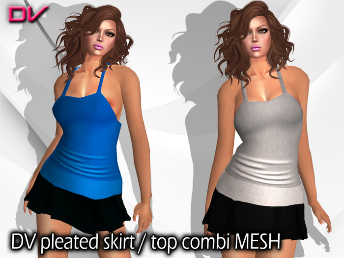 Second Life Marketplace DV pleated skirt with top blue and grey and black